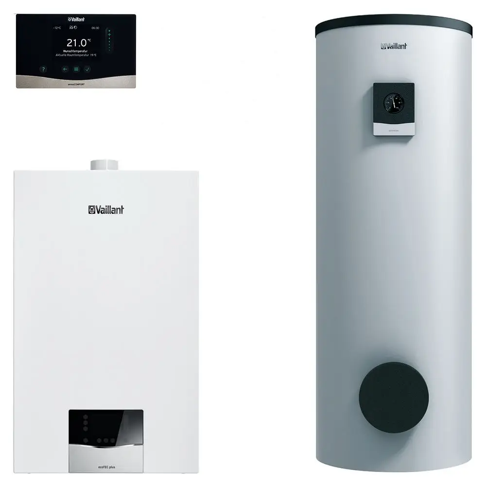 Vaillant Heizkessel in Weiß mit Display, kombiniert mit einem vertikalen, silbernen Warmwasserspeicher und einem Thermostat zur Regelung der Temperatur.